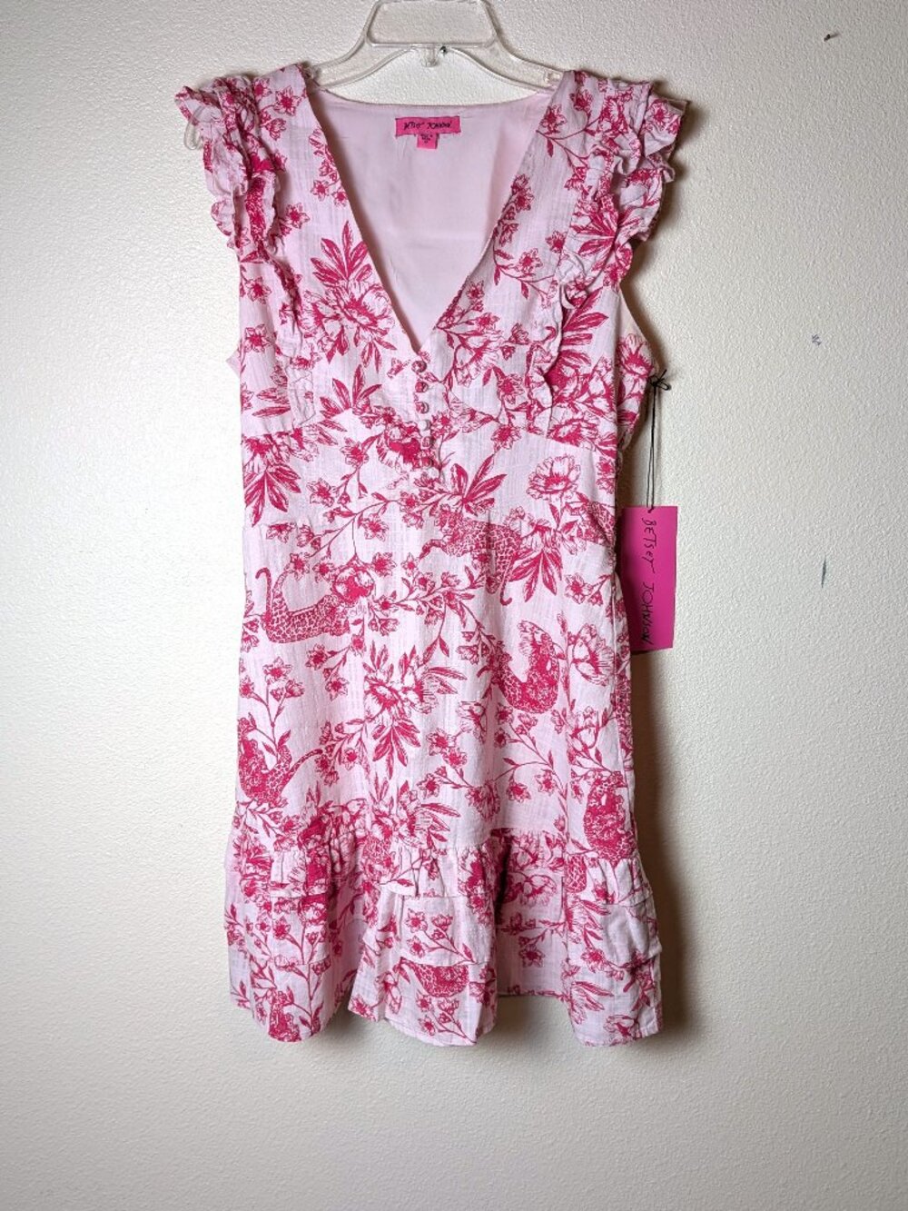 Betsy Johnson Pink & White Cotton Floral Toile Ruffle Hem Dress Sz M NWT